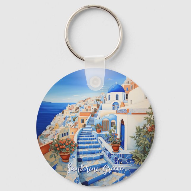Santorini Island Illustration | Travel Art Keychain (Front)