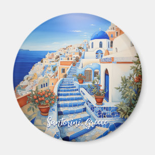 Santorini Island Illustration   Travel Art Magnet