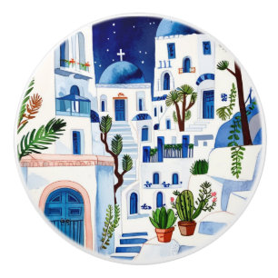 Santorini Night Greece Watercolor Blue White Greek Ceramic Knob