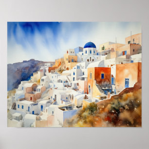Santorini Oia Greece Watercolor Art Print Poster