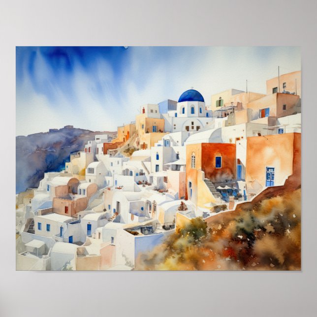 Santorini Oia Greece Watercolor Art Print Poster (Front)