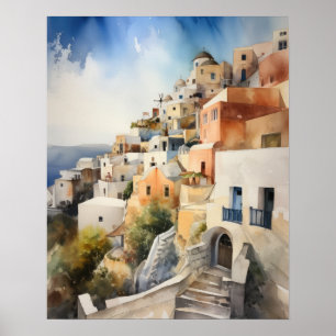Santorini Oia Greece Watercolor Art Print Poster