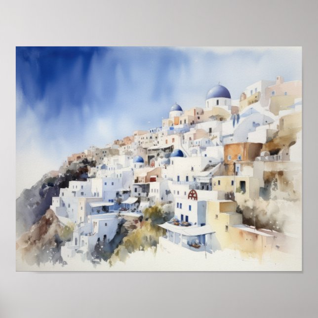Santorini Oia Greece Watercolor Art Print Poster (Front)