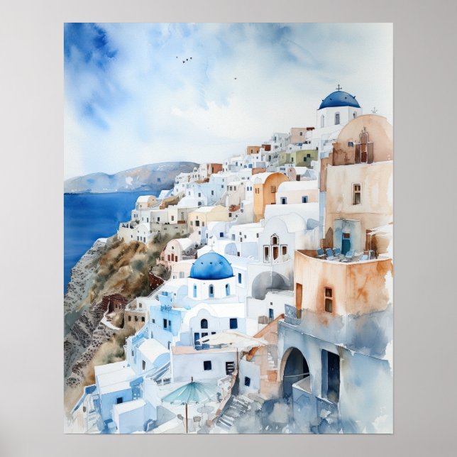 Santorini Oia Greece Watercolor Art Print Poster (Front)