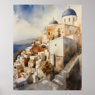 Santorini Oia Greece Watercolor Art Print Poster
