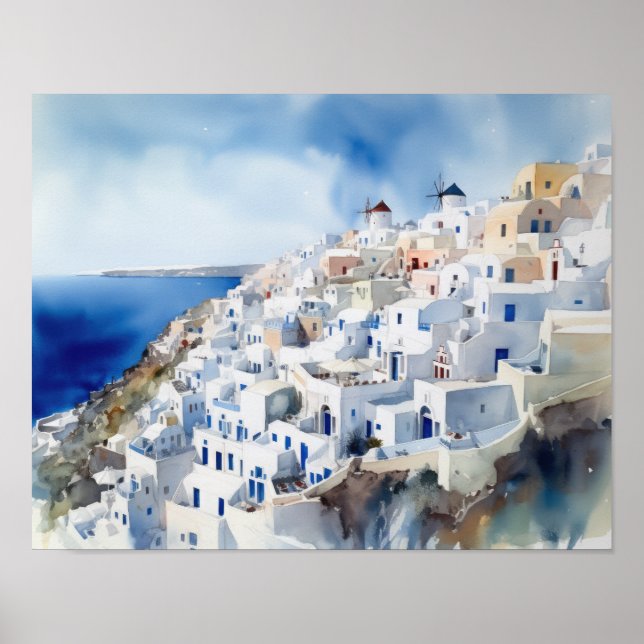 Santorini Oia Greece Watercolor Art Print Poster (Front)