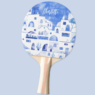 Santorini Oia Greek Island Watercolor Personalized Ping Pong Paddle