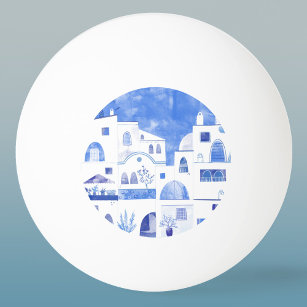 Santorini Oia Greek Island Watercolor Townscape Ping Pong Ball