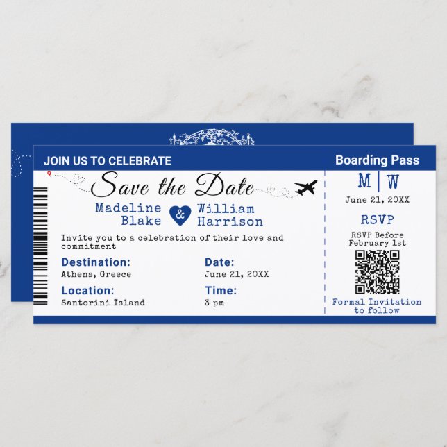 Santorini Skies Boarding Pass Style Save The Date  (Front/Back)