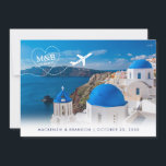 Santorini Skyline Destination Wedding Travel Theme Save The Date<br><div class="desc">Save the Date postcard for a Santorini, Greece Destination Wedding featuring the classic blue and white dome buildings skyline and shoreline with a fun travel theme destination wedding monogram inside an airplane heart trail logo. Use the Design Tool for advanced editing and changing text colour, fonts, or layout, or to...</div>
