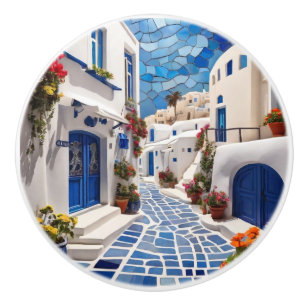 Santorini Street, Greece, Greek Village Mosaic Art Ceramic Knob