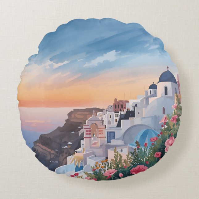 Santorini Stunning Sunset View Round Pillow (Front)