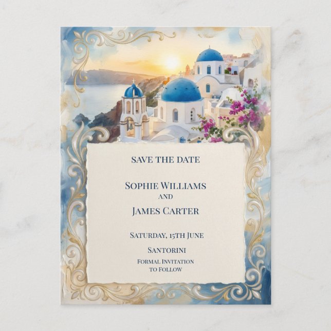 Santorini Sunset Border Save The Date Postcard (Front)