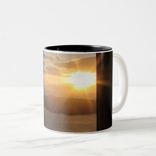 Santorini sunset through door Two-Tone coffee mug (Front Right)