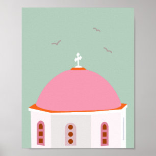 Santorini Travel Greece Pink And Green Poster