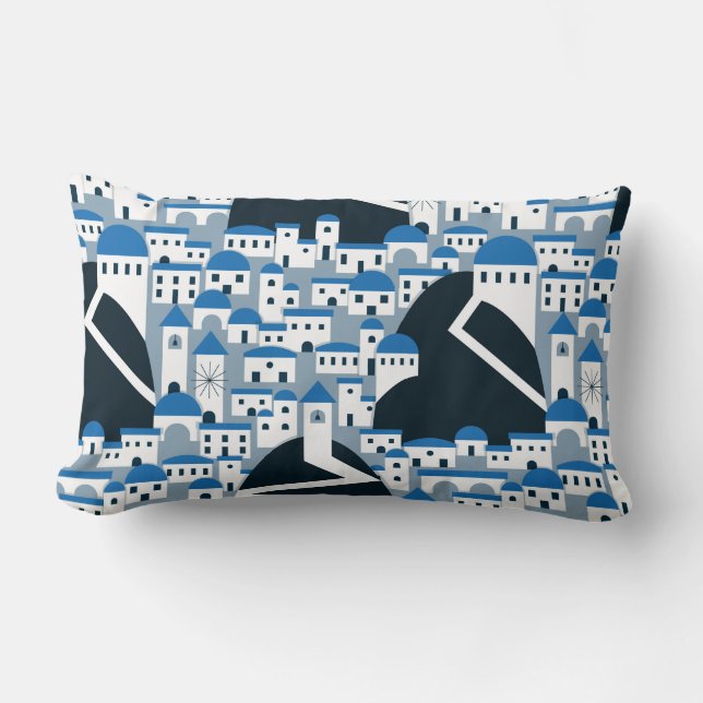 Santorini village pattern in white and blue lumbar pillow (Front)