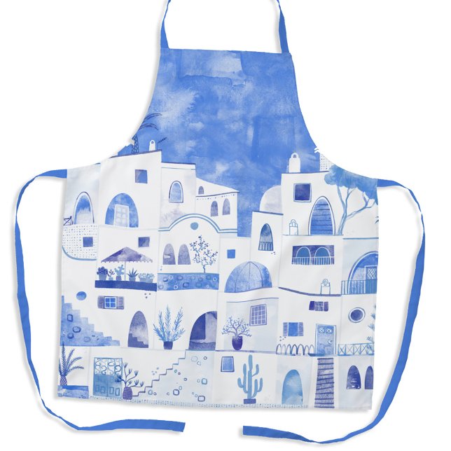 Santorini Watercolor Apron (Watercolor painting of Santorini, Greece in blue and white on an apron)