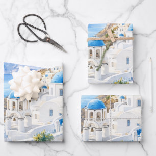Santorini Watercolor Greece Destination Gift Wrapping Paper Sheet