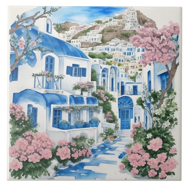 Santorini Watercolor Houses & Pink Flowers Tile (Front)