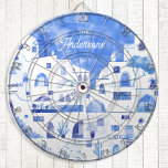 Santorini Watercolor Personalized Dartboard<br><div class="desc">Watercolor blue and white painting based on Oia on the Greek island of Santorini. Change or remove the name to personalize.</div>