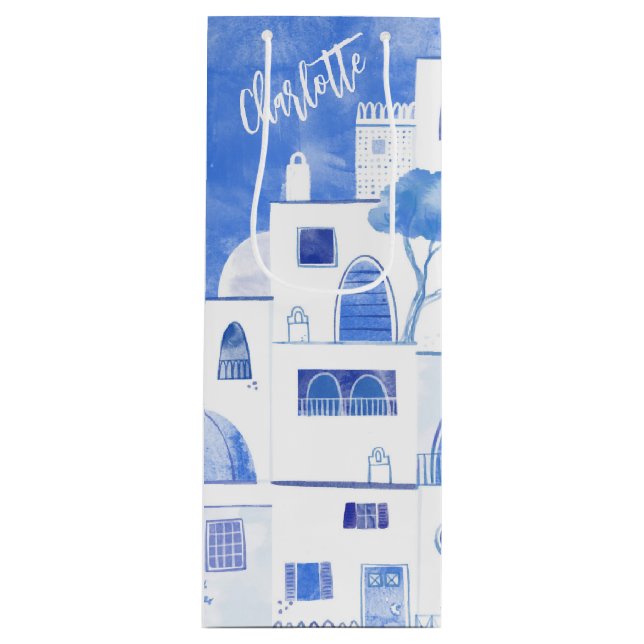 Santorini Watercolor Personalized Wine Gift Bag (Front)