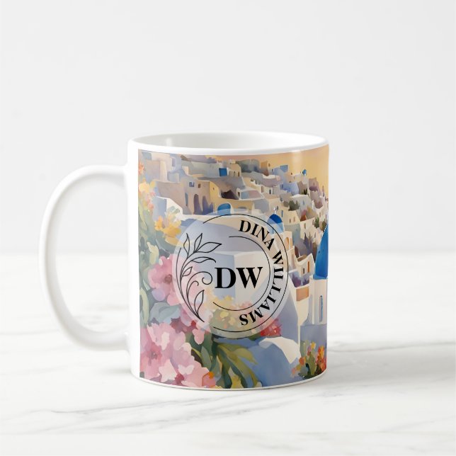 Santorini Watercolour Art & Monogram Mug (Left)