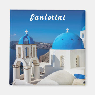 Santorini with blue and white church magnet