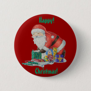 sants wrapping gifts and toys for christmas 2 inch round button