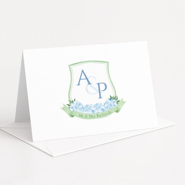 Sap Green Blue Hydrangea Botanical Wedding Crest Thank You Card (Watercolor sap green wedding crest with blue hydrangeas and monogram text thank you cards)