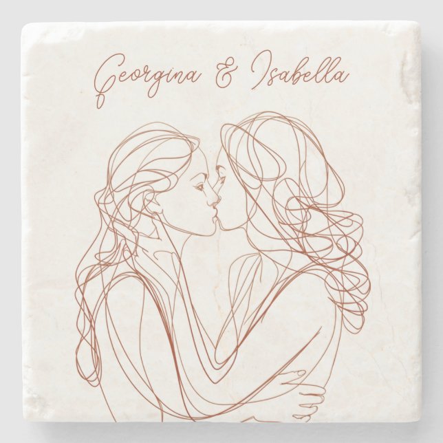 Sapphic Line Art Custom Stone Coaster (Front)