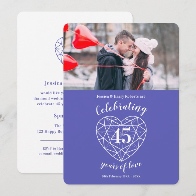 Sapphire Anniversary 45 years photo invitations (Front/Back)
