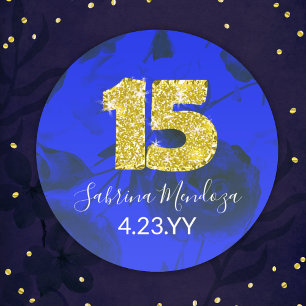 Sapphire Bleu Quinceanera Or #15 Sticker Rond