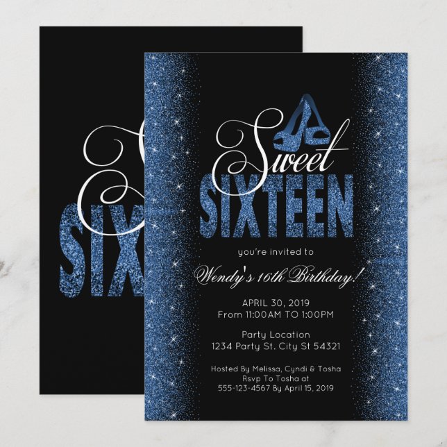 Sapphire Bleu Sweet 16 Invitations de fête (Devant / Derrière)
