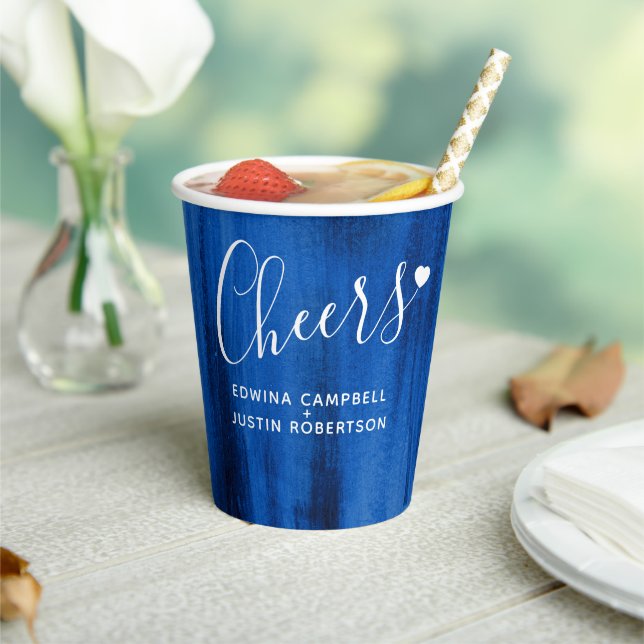 Sapphire blue abstract art wedding paper cups (Insitu)