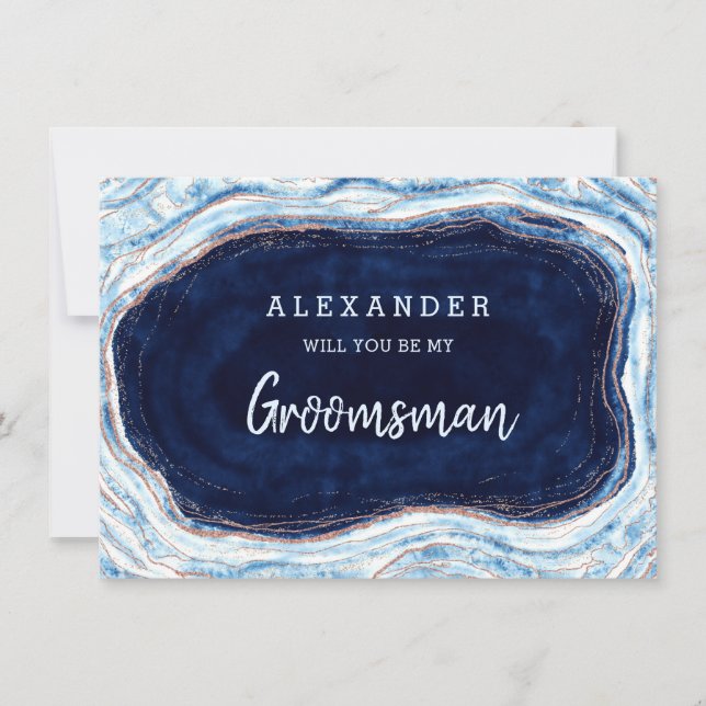 Sapphire Blue Agate Geode Groomsman Proposal Card (Front)