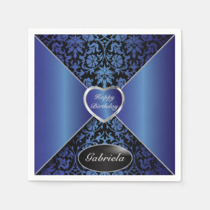 Sapphire Blue and Black Damask   Personalize Napkin