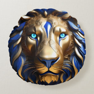 Sapphire Blue And Gold Lion, Round Pillow