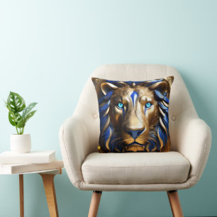 Sapphire Blue And Gold Lion, Throw Pillow