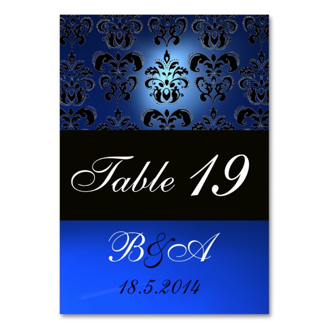 SAPPHIRE BLUE BLACK WHITE CLASSY DAMASK MONOGRAM TABLE NUMBER (Back)