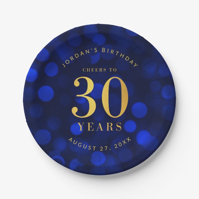 Sapphire Blue Bokeh Cheers to 30 Years Birthday Paper Plate (Front)