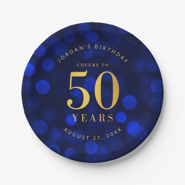 Sapphire Blue Bokeh Cheers to 50 Years Birthday Paper Plate (Front)