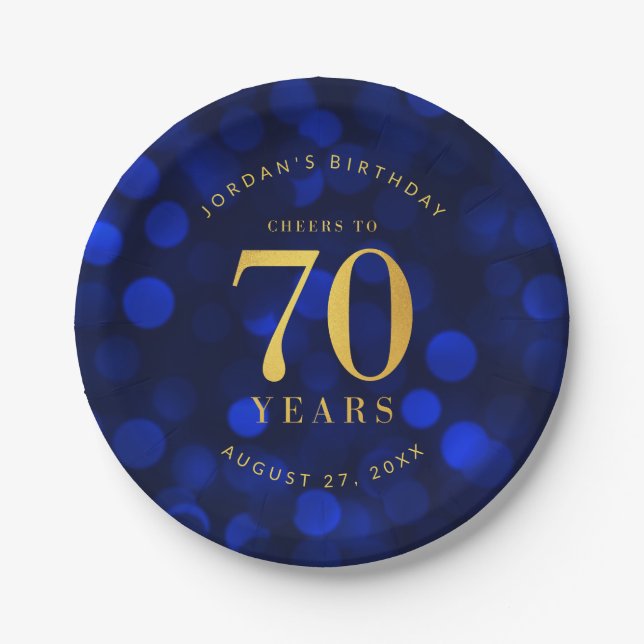 Sapphire Blue Bokeh Cheers to 70 Years Birthday Paper Plate (Front)