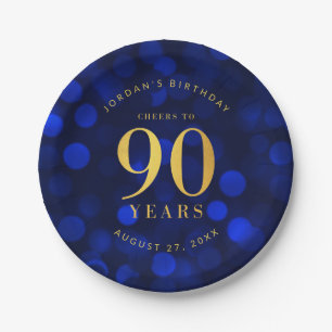 Sapphire Blue Bokeh Cheers to 90 Years Birthday Paper Plate