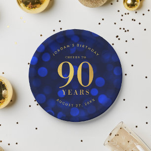 Sapphire Blue Bokeh Cheers to 90 Years Birthday Paper Plate