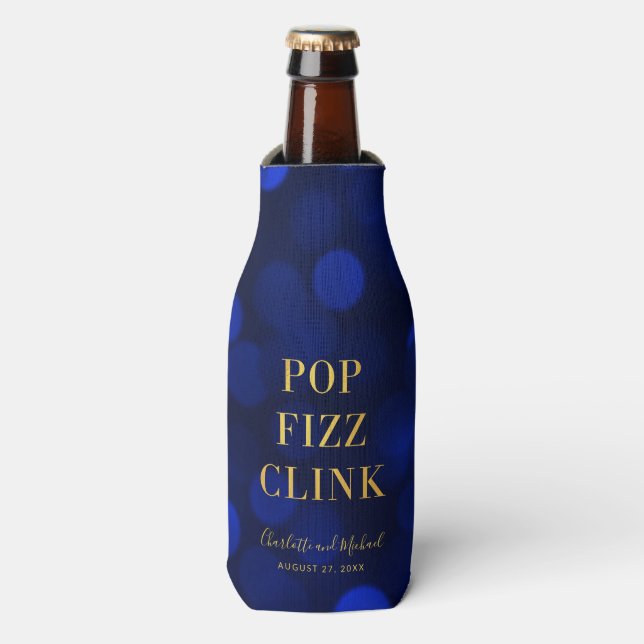Sapphire Blue Bokeh Faux Gold Pop Fizz Clink Bottle Cooler (Bottle Front)