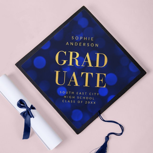 Sapphire Blue Bokeh Lights Faux Gold Graduate Graduation Cap Topper (Creator Uploaded)