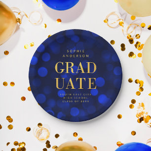 Sapphire Blue Bokeh Lights Faux Gold Graduate Paper Plate