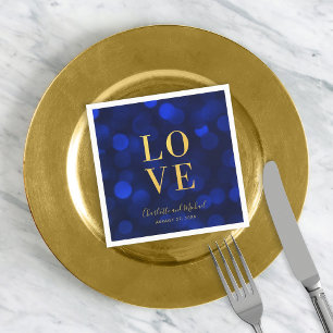 Sapphire Blue Bokeh Lights Faux Gold Love Napkin