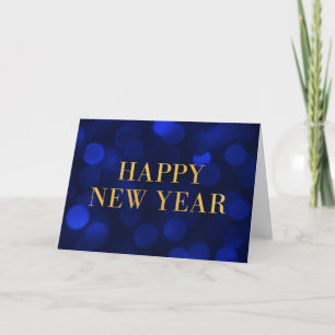 Sapphire Blue Bokeh Lights Gold Happy New Year Holiday Card