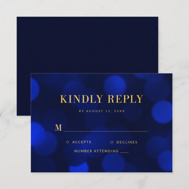 Sapphire Blue Bokeh Lights Gold Wedding RSVP Card (Front/Back)